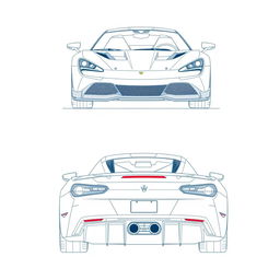 A meticulously detailed blueprint of a modern sports car, showcasing views from the front and back directions with no duplicates