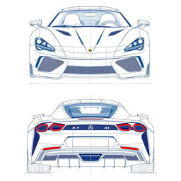 A meticulously detailed blueprint of a modern sports car, showcasing views from the front and back directions with no duplicates