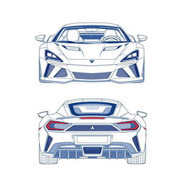 A meticulously detailed blueprint of a modern sports car, showcasing views from the front and back directions with no duplicates