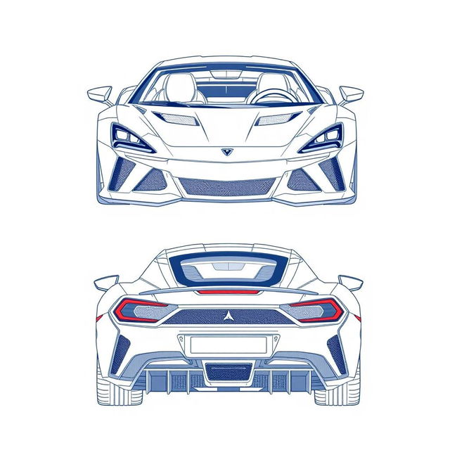 A meticulously detailed blueprint of a modern sports car, showcasing views from the front and back directions with no duplicates