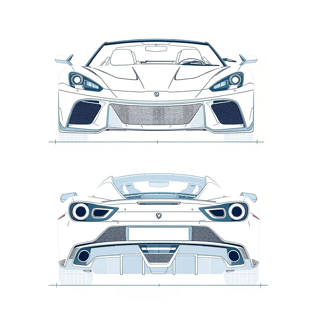 A detailed blueprint of a modern sports car, featuring distinct views from the front and back directions without any duplicates