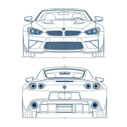 A detailed blueprint of a modern sports car, featuring distinct views from the front and back directions without any duplicates