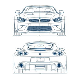 A detailed blueprint of a modern sports car, featuring distinct views from the front and back directions without any duplicates