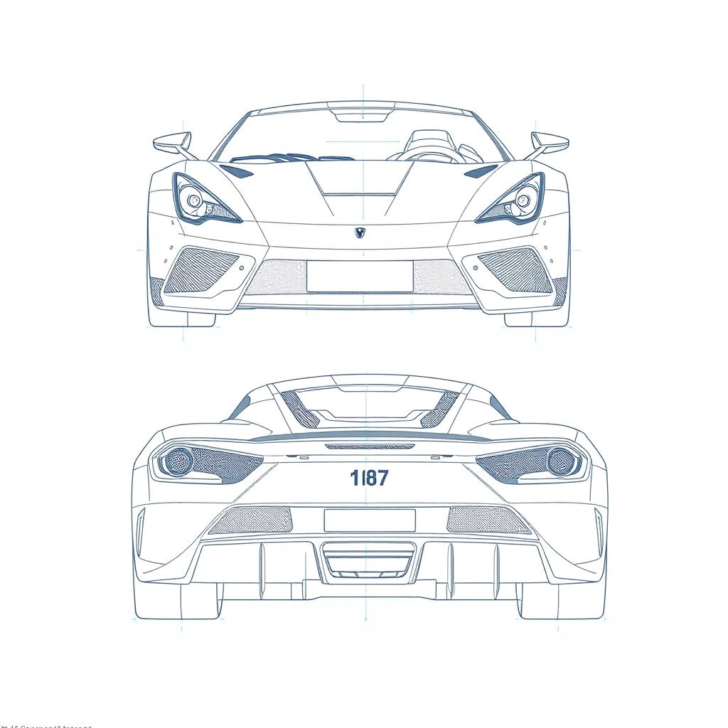 A detailed blueprint of a modern sports car, featuring distinct views from the front and back directions without any duplicates