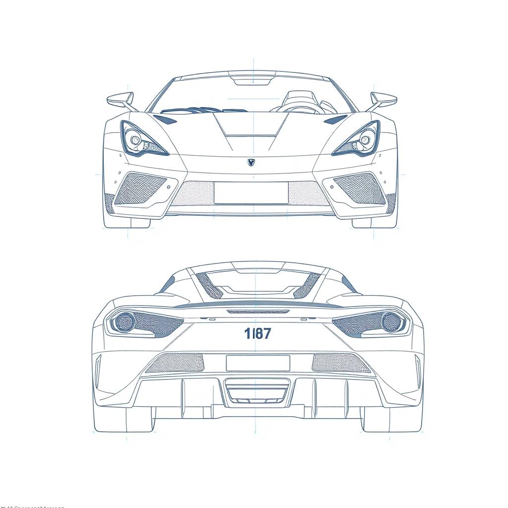 A detailed blueprint of a modern sports car, featuring distinct views from the front and back directions without any duplicates