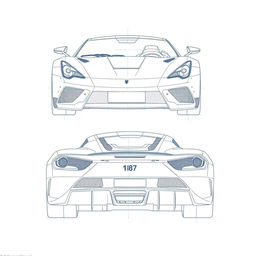 A detailed blueprint of a modern sports car, featuring distinct views from the front and back directions without any duplicates