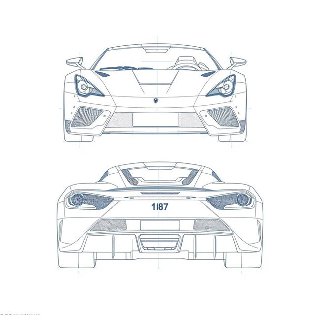 A detailed blueprint of a modern sports car, featuring distinct views from the front and back directions without any duplicates