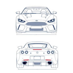 A detailed blueprint of a modern sports car, featuring distinct views from the front and back directions without any duplicates