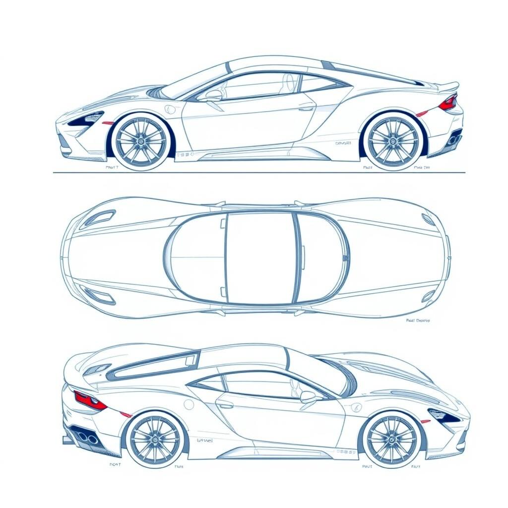 A comprehensive blueprint of a modern sports car, showcasing views from the front, back, right side, and top directions without any duplicates