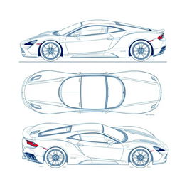 A comprehensive blueprint of a modern sports car, showcasing views from the front, back, right side, and top directions without any duplicates