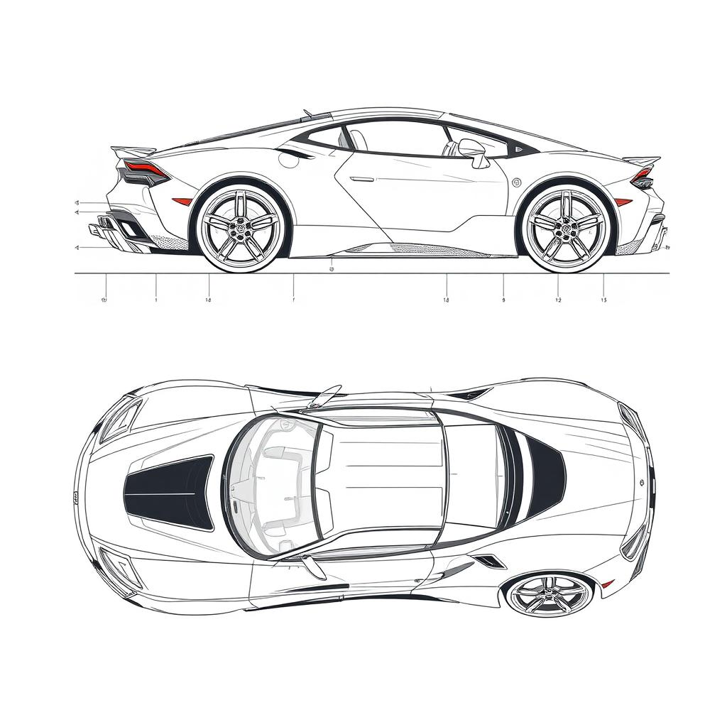 A comprehensive blueprint of a modern sports car, showcasing views from the front, back, right side, and top directions without any duplicates