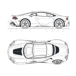 A comprehensive blueprint of a modern sports car, showcasing views from the front, back, right side, and top directions without any duplicates