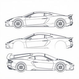 A comprehensive blueprint of a modern sports car, showcasing views from the front, back, right side, and top directions without any duplicates