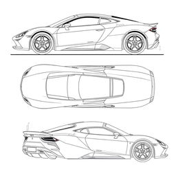 A comprehensive blueprint of a modern sports car, showcasing views from the front, back, right side, and top directions without any duplicates