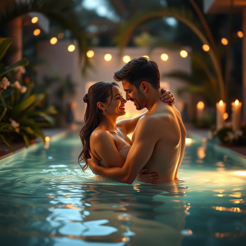 A romantic and intimate scene set in a luxurious swimming pool, where two adults are embracing each other in a tender moment