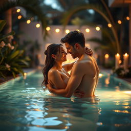 A romantic and intimate scene set in a luxurious swimming pool, where two adults are embracing each other in a tender moment