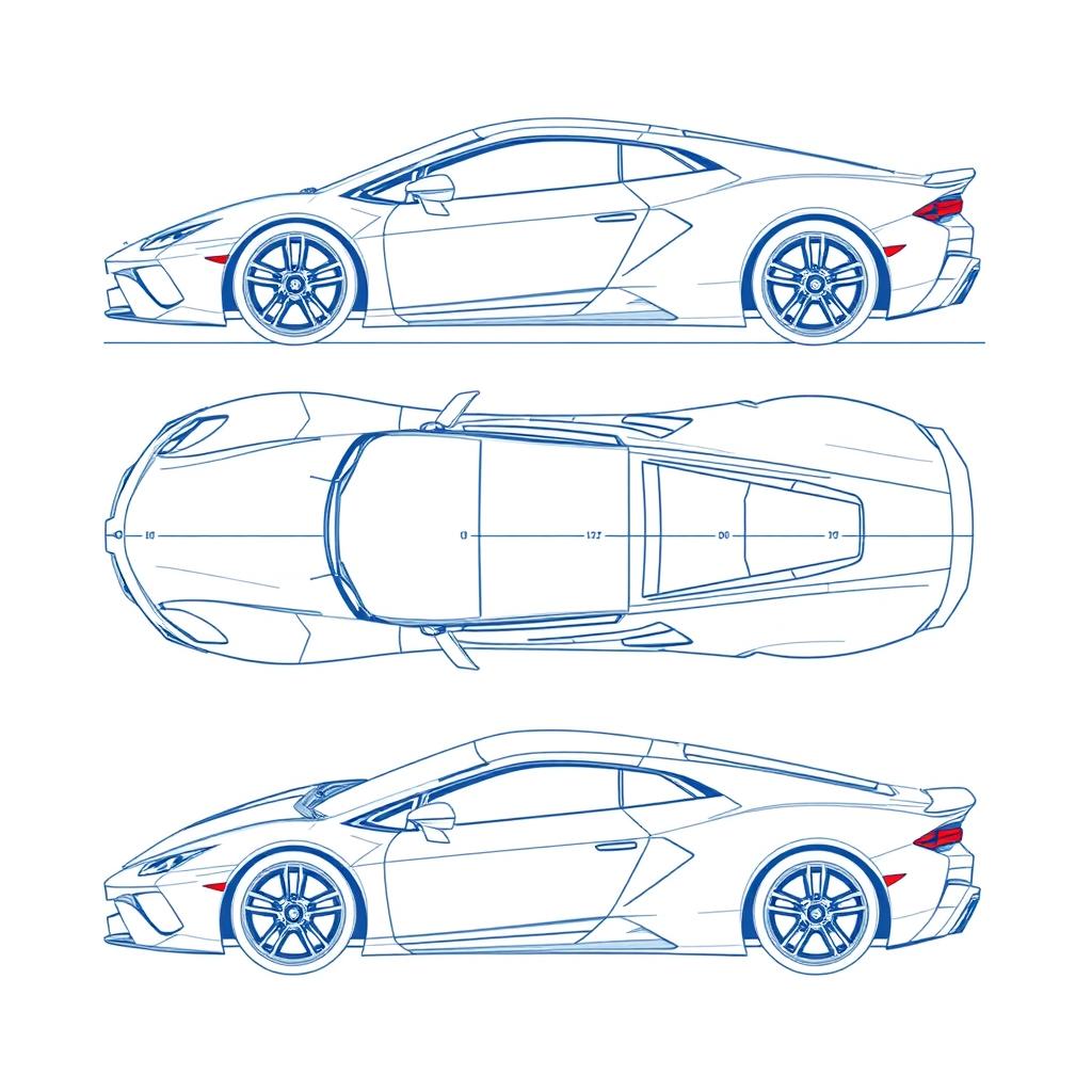 A comprehensive blueprint of a modern sports car, featuring unique views from the front, back, right side, and top directions without any duplicates