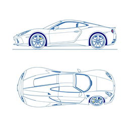 A comprehensive blueprint of a modern sports car, featuring unique views from the front, back, right side, and top directions without any duplicates