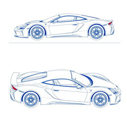 A comprehensive blueprint of a modern sports car, featuring unique views from the front, back, right side, and top directions without any duplicates