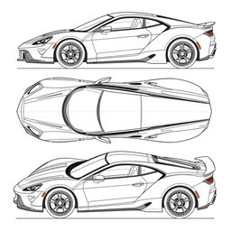 A comprehensive blueprint of a modern sports car, featuring unique views from the front, back, right side, and top directions without any duplicates