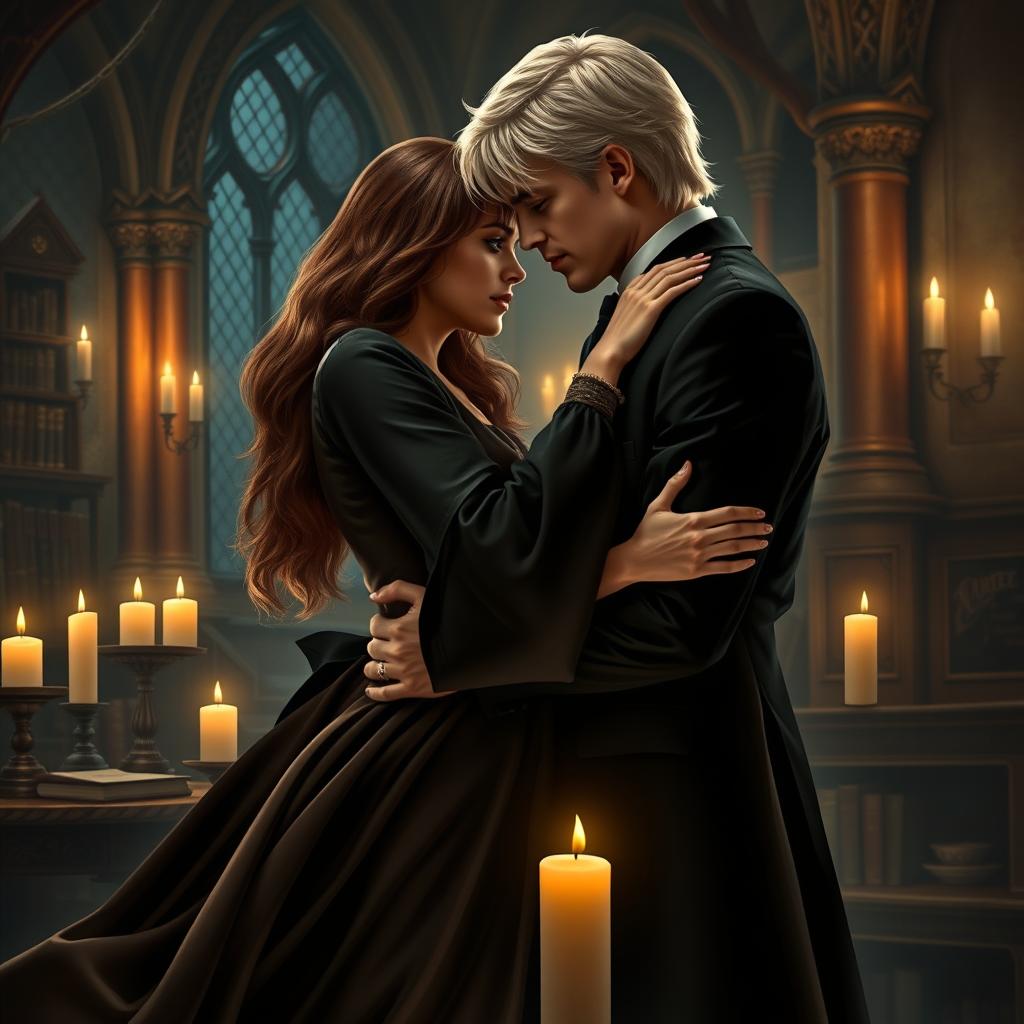 A dramatic and intense scene depicting Hermione Granger and Draco Malfoy in a passionate embrace under the dimly lit atmosphere of Hogwarts