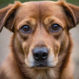 Capture the poignant image of a brown dog, its eyes glistening as if shedding tears, displaying an emotive depth uncharacteristic of its kind.