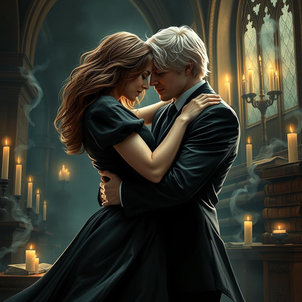 A dramatic and intense scene depicting Hermione Granger and Draco Malfoy in a passionate embrace under the dimly lit atmosphere of Hogwarts