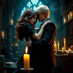 A dramatic and intense scene depicting Hermione Granger and Draco Malfoy in a passionate embrace under the dimly lit atmosphere of Hogwarts