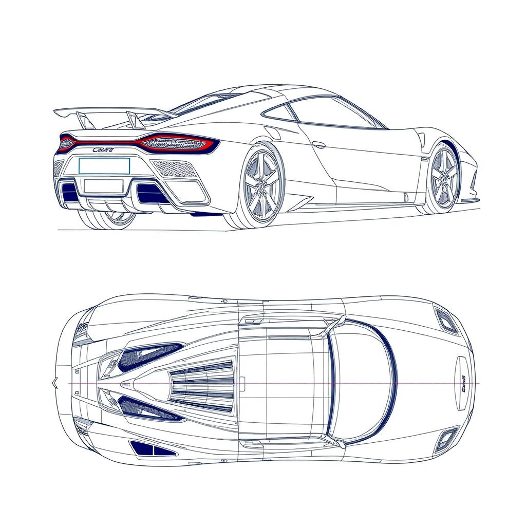 A detailed blueprint of a modern sports car, featuring distinctive views from the back and top directions without any duplicates