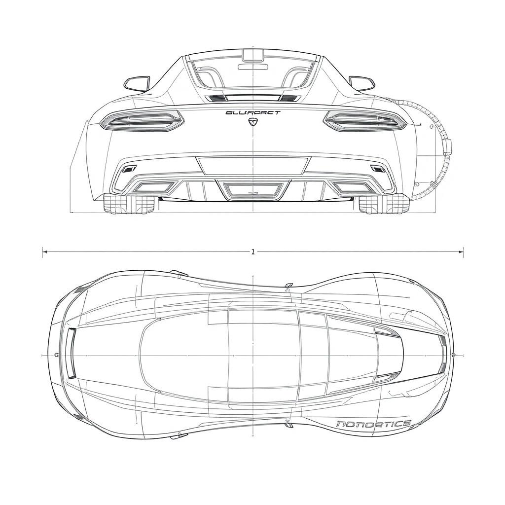 A detailed blueprint of a modern sports car, featuring distinctive views from the back and top directions without any duplicates