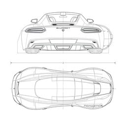 A detailed blueprint of a modern sports car, featuring distinctive views from the back and top directions without any duplicates