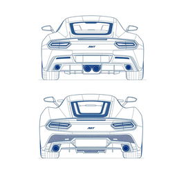 A detailed blueprint of a modern sports car, featuring distinctive views from the back and top directions without any duplicates