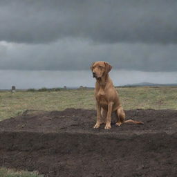 Illustrate a melancholic scene of a loyal brown dog sitting beside a recently dug grave, displaying signs of grief at its owner's funeral, under a mournful grey sky.