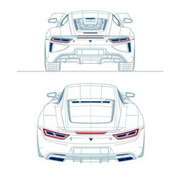 A detailed blueprint of a modern sports car, featuring distinctive views from the back and top directions without any duplicates