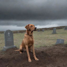 Illustrate a melancholic scene of a loyal brown dog sitting beside a recently dug grave, displaying signs of grief at its owner's funeral, under a mournful grey sky.