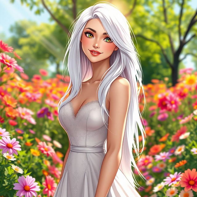 A beautiful female character with striking features, wearing an elegant dress, standing in a vibrant outdoor setting filled with colorful flowers