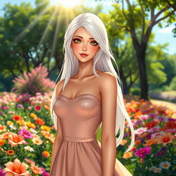 A beautiful female character with striking features, wearing an elegant dress, standing in a vibrant outdoor setting filled with colorful flowers