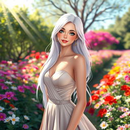 A beautiful female character with striking features, wearing an elegant dress, standing in a vibrant outdoor setting filled with colorful flowers