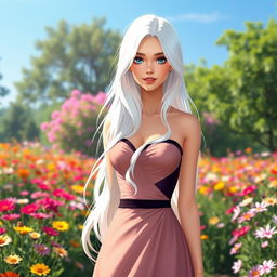 A beautiful female character with striking features, wearing an elegant dress, standing in a vibrant outdoor setting filled with colorful flowers