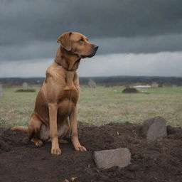 Illustrate a melancholic scene of a loyal brown dog sitting beside a recently dug grave, displaying signs of grief at its owner's funeral, under a mournful grey sky.