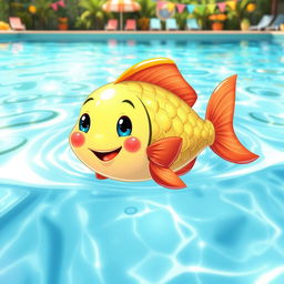 A playful and whimsical illustration of a cheerful fish swimming in a crystal-clear swimming pool