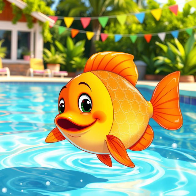 A playful and whimsical illustration of a cheerful fish swimming in a crystal-clear swimming pool