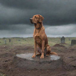 Illustrate a melancholic scene of a loyal brown dog sitting beside a recently dug grave, displaying signs of grief at its owner's funeral, under a mournful grey sky.