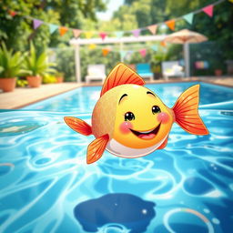 A playful and whimsical illustration of a cheerful fish swimming in a crystal-clear swimming pool