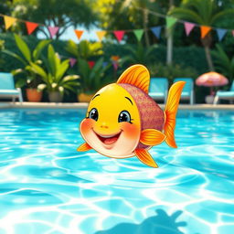 A playful and whimsical illustration of a cheerful fish swimming in a crystal-clear swimming pool