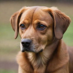 Create a touching image of a brown dog with downcast eyes and a drooping tail, effectively conveying a sense of deep sadness.