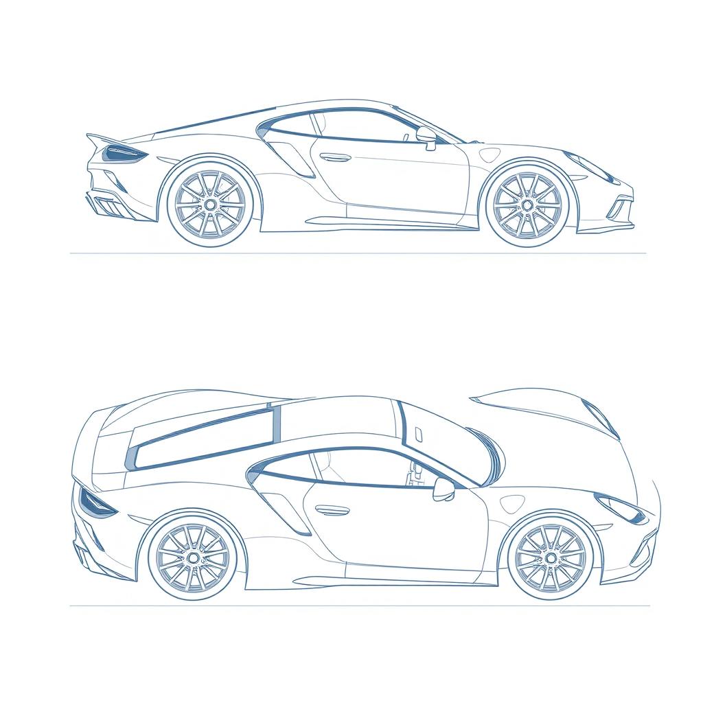 A detailed blueprint of a modern sports car, featuring views from the back, top, left side, and top directions without any duplicates