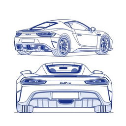 A detailed blueprint of a modern sports car, featuring views from the back, top, left side, and top directions without any duplicates