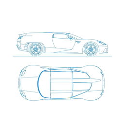 A detailed blueprint of a modern sports car, featuring views from the back, top, left side, and top directions without any duplicates