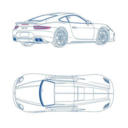 A detailed blueprint of a modern sports car, featuring views from the back, top, left side, and top directions without any duplicates